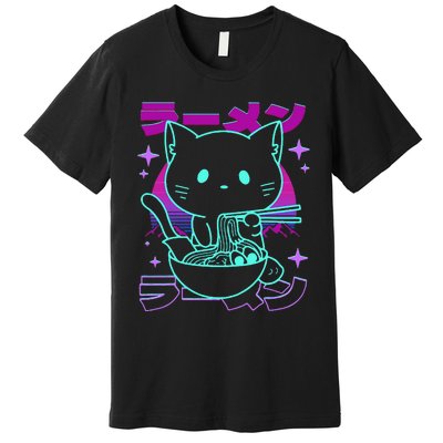 Anime Ramen Cat Retro Japanese Noodles Aesthetic Kawaii Cat Premium T-Shirt