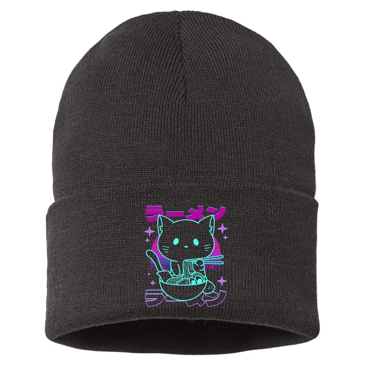 Anime Ramen Cat Retro Japanese Noodles Aesthetic Kawaii Cat Sustainable Knit Beanie