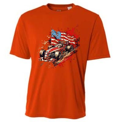 Auto Racing Car American Flag 4th Of July Cooling Performance Crew T-Shirt