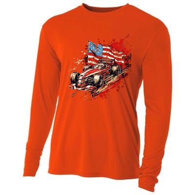 Auto Racing Car American Flag 4th Of July Cooling Performance Long Sleeve Crew