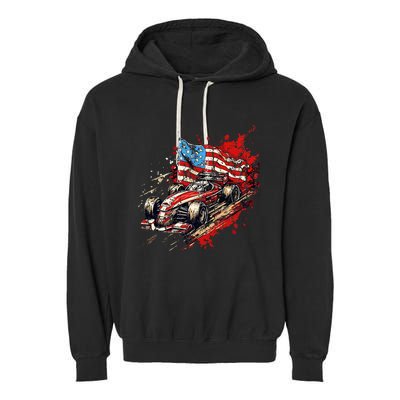 Auto Racing Car American Flag 4th Of July Garment-Dyed Fleece Hoodie