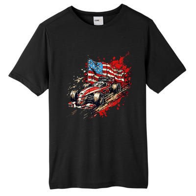 Auto Racing Car American Flag 4th Of July Tall Fusion ChromaSoft Performance T-Shirt