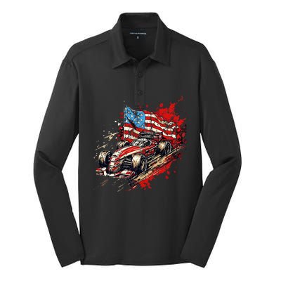 Auto Racing Car American Flag 4th Of July Silk Touch Performance Long Sleeve Polo