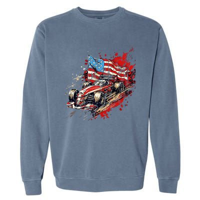 Auto Racing Car American Flag 4th Of July Garment-Dyed Sweatshirt