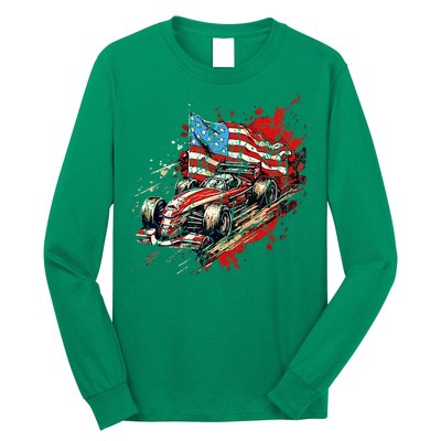 Auto Racing Car American Flag 4th Of July Long Sleeve Shirt