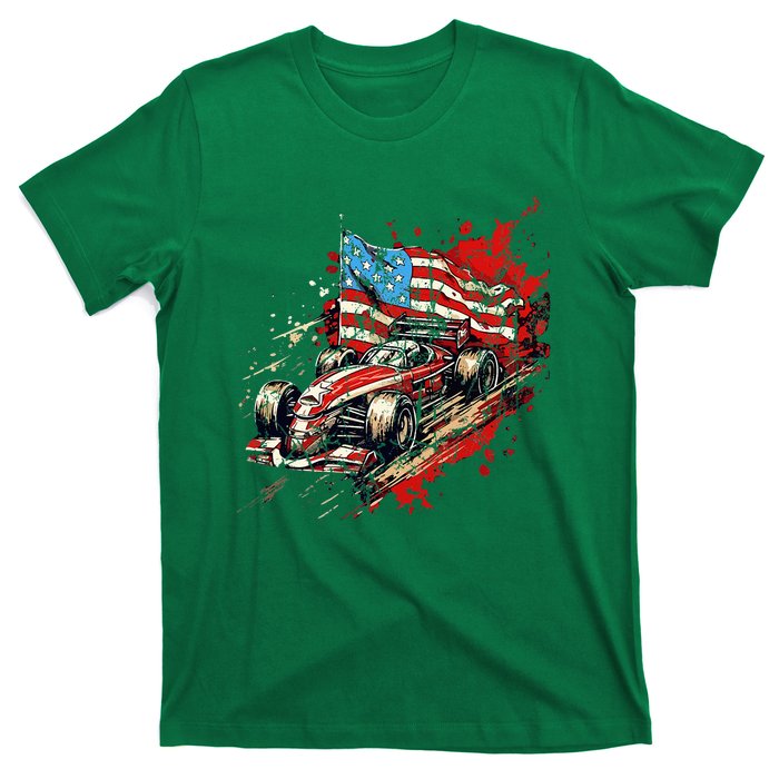 Auto Racing Car American Flag 4th Of July T-Shirt