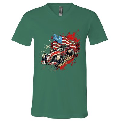 Auto Racing Car American Flag 4th Of July V-Neck T-Shirt