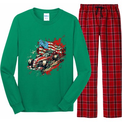 Auto Racing Car American Flag 4th Of July Long Sleeve Pajama Set