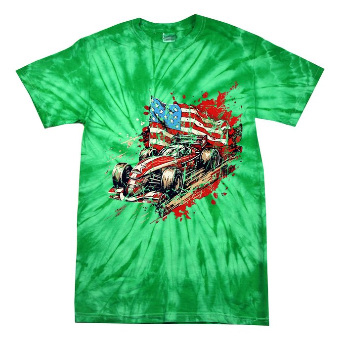 Auto Racing Car American Flag 4th Of July Tie-Dye T-Shirt