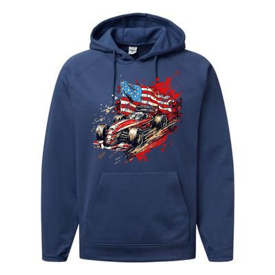 Auto Racing Car American Flag 4th Of July Performance Fleece Hoodie