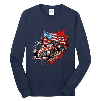 Auto Racing Car American Flag 4th Of July Tall Long Sleeve T-Shirt