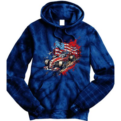 Auto Racing Car American Flag 4th Of July Tie Dye Hoodie