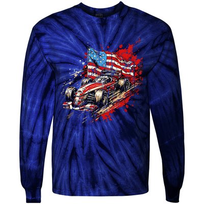 Auto Racing Car American Flag 4th Of July Tie-Dye Long Sleeve Shirt