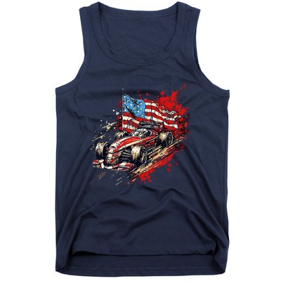 Auto Racing Car American Flag 4th Of July Tank Top