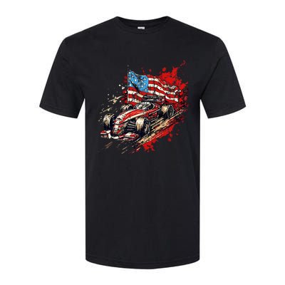 Auto Racing Car American Flag 4th Of July Softstyle CVC T-Shirt