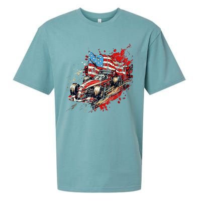 Auto Racing Car American Flag 4th Of July Sueded Cloud Jersey T-Shirt