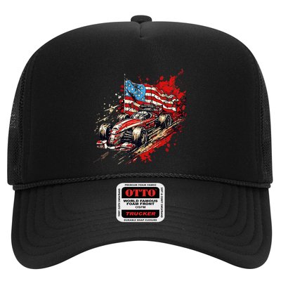 Auto Racing Car American Flag 4th Of July Trucker Hat