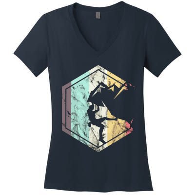 Awesome Rock Climbing Retro Mountain Climber Hiker Alpinism Women's V-Neck T-Shirt