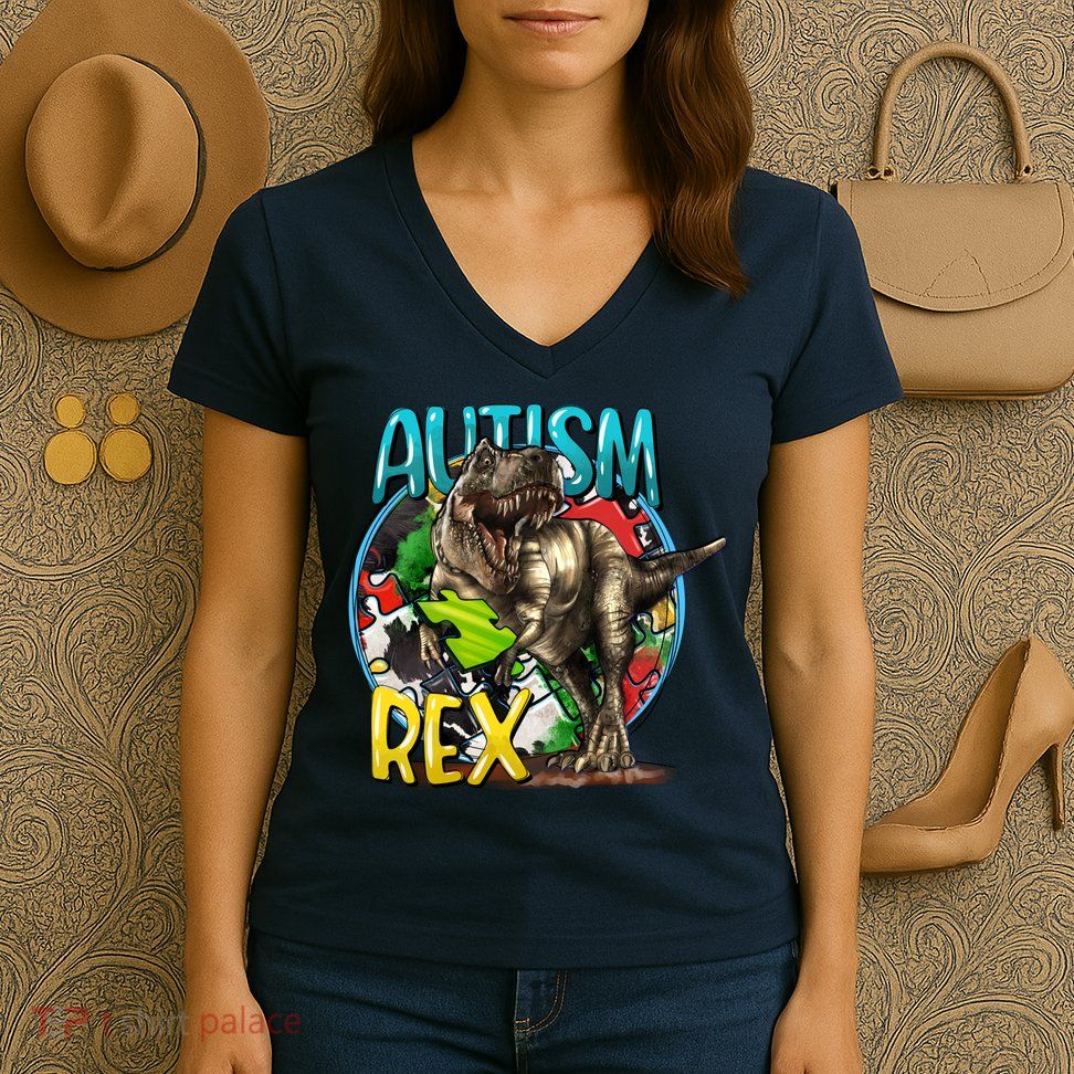 Autism Rex Cool Autism Awareness T Rex Design Women's V-Neck T-Shirt