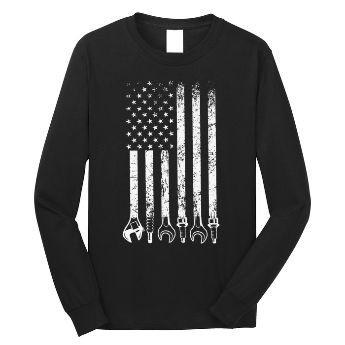 Auto Repairman Car Mechanic Wrench Workshop Tools USA Flag Long Sleeve Shirt