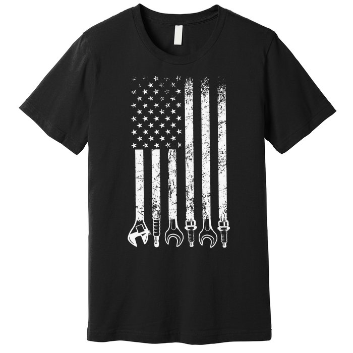 Auto Repairman Car Mechanic Wrench Workshop Tools USA Flag Premium T-Shirt