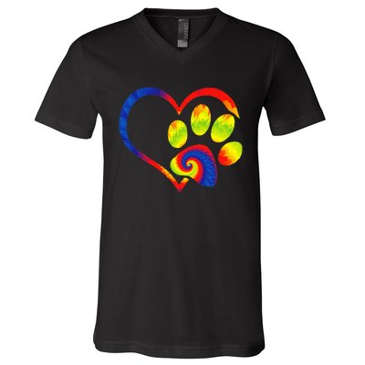 Animal Rescue Dog Paw Print Tie Dye Rainbow Dog Love V-Neck T-Shirt