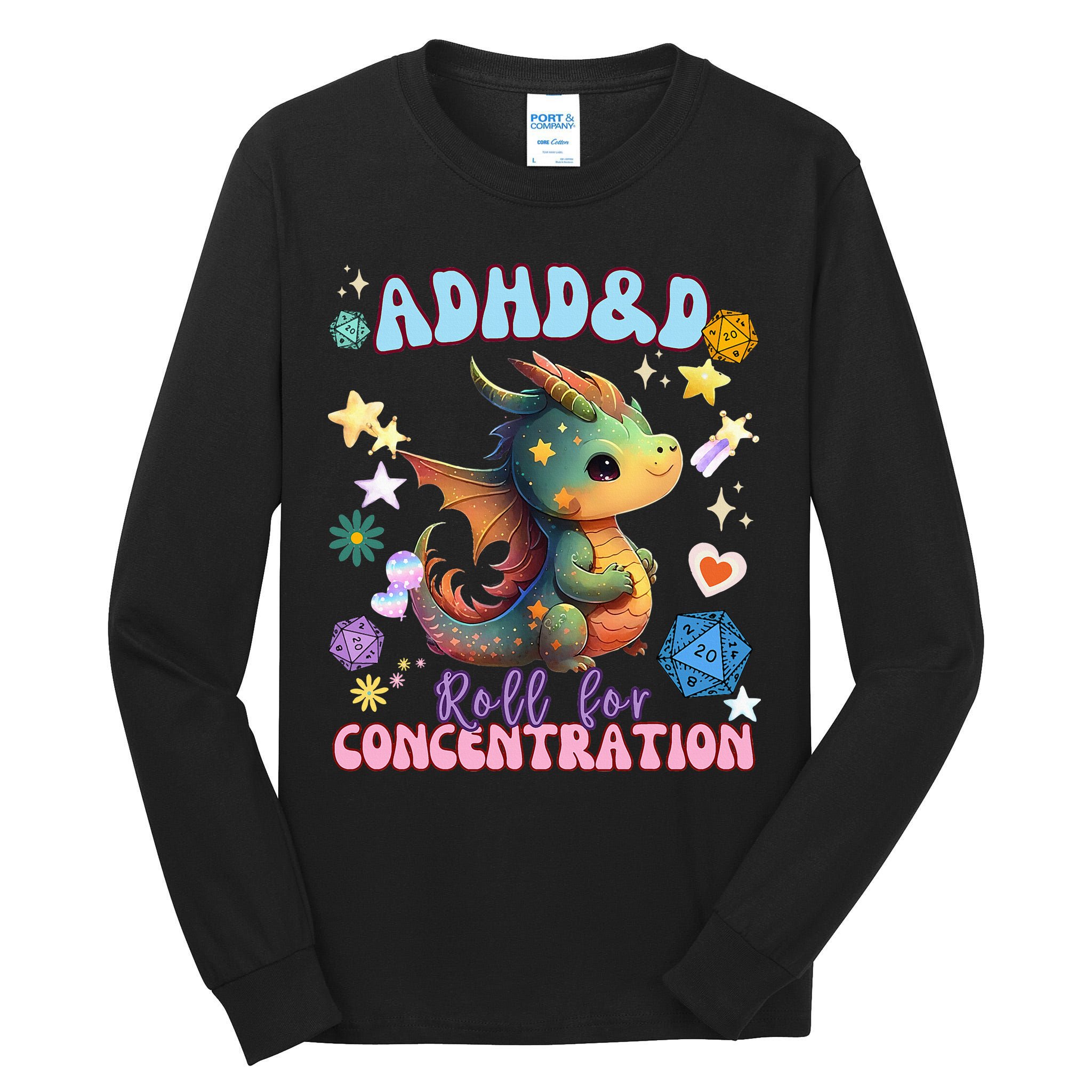 ADHD&D Roll For Concentration Cute Watercolor Dragon Tall Long Sleeve T-Shirt