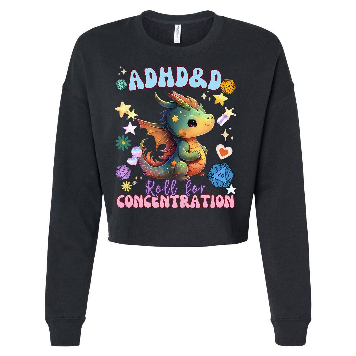 ADHD&D Roll For Concentration Cute Watercolor Dragon Cropped Pullover Crew