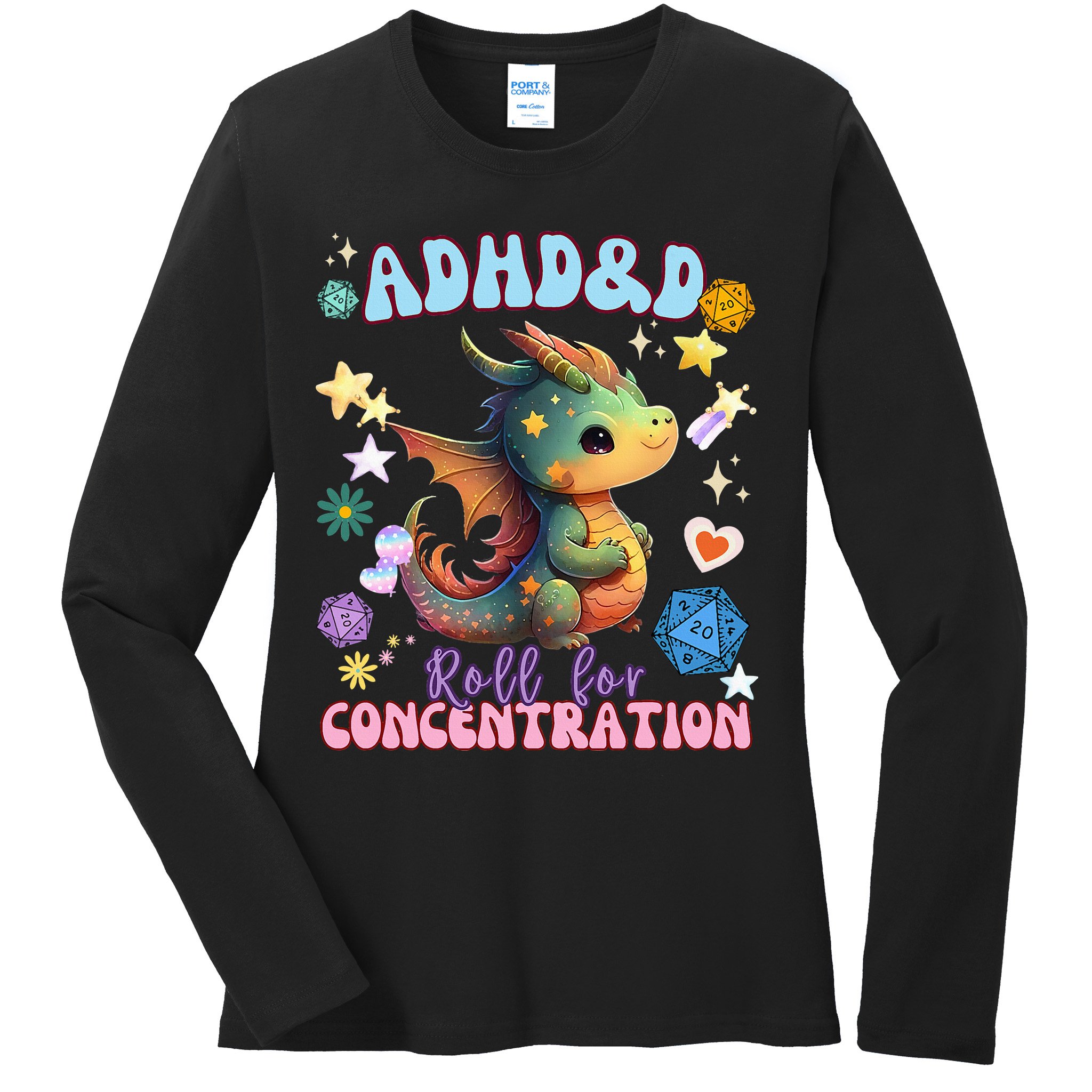 ADHD&D Roll For Concentration Cute Watercolor Dragon Ladies Long Sleeve Shirt