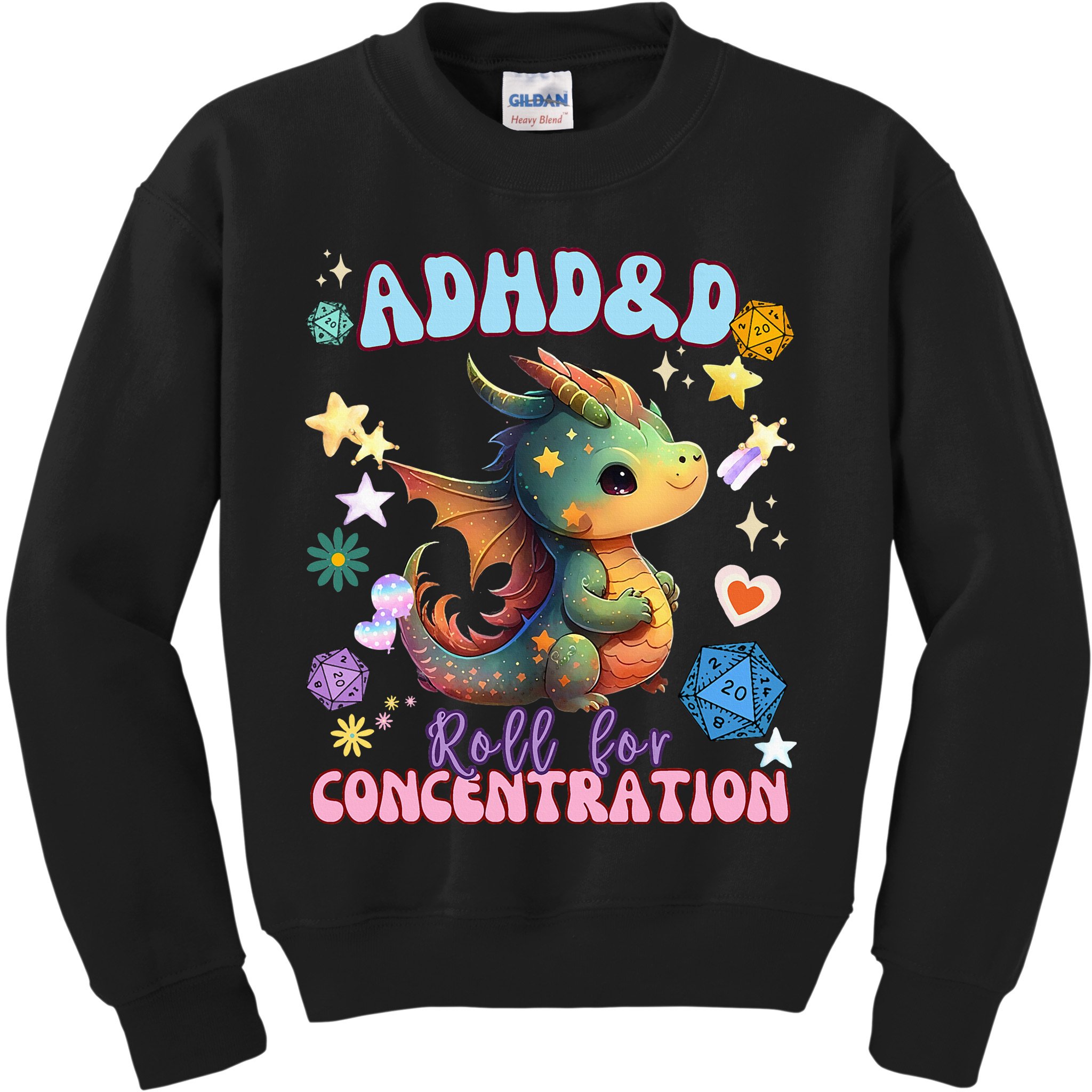 ADHD&D Roll For Concentration Cute Watercolor Dragon Kids Sweatshirt