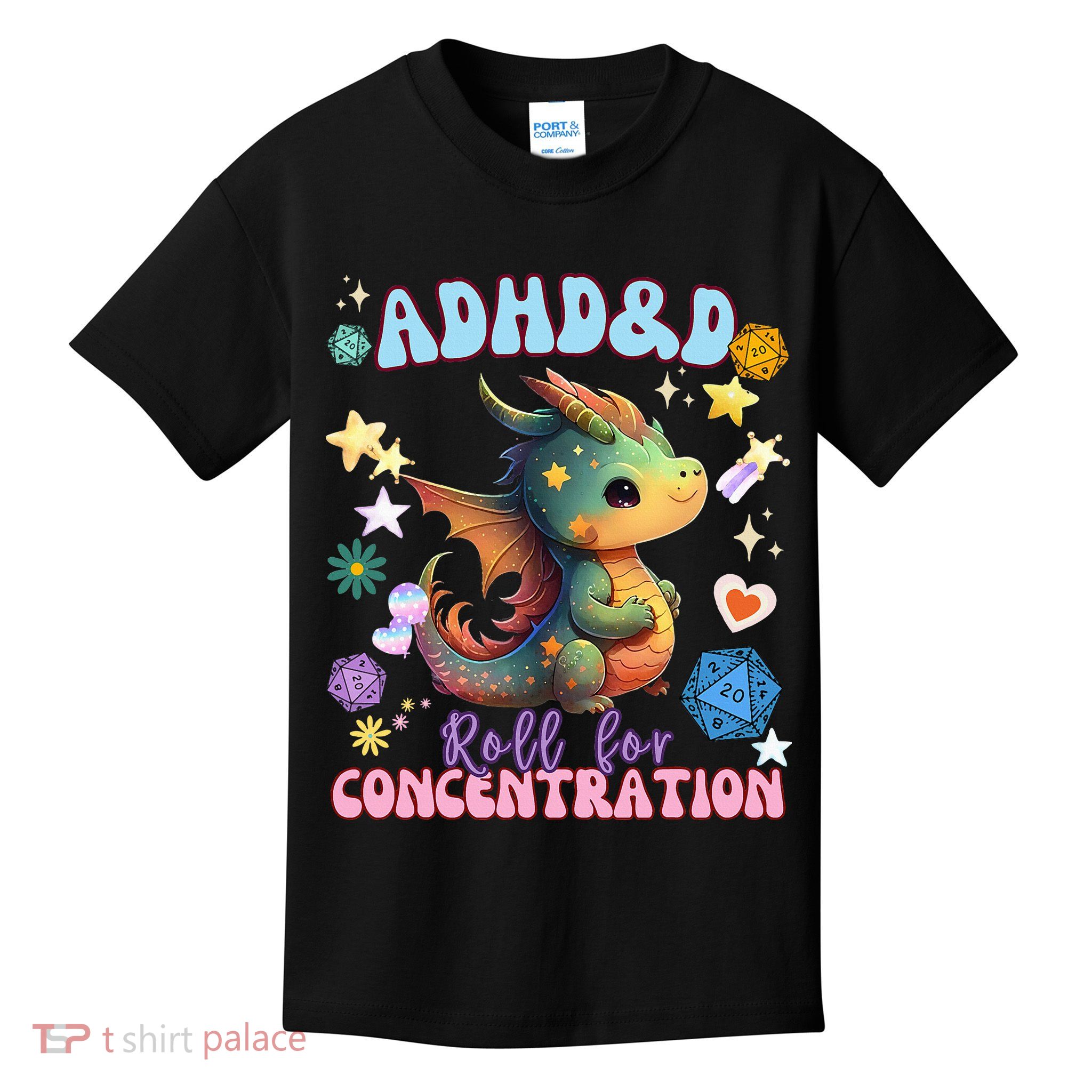 ADHD&D Roll For Concentration Cute Watercolor Dragon Kids T-Shirt