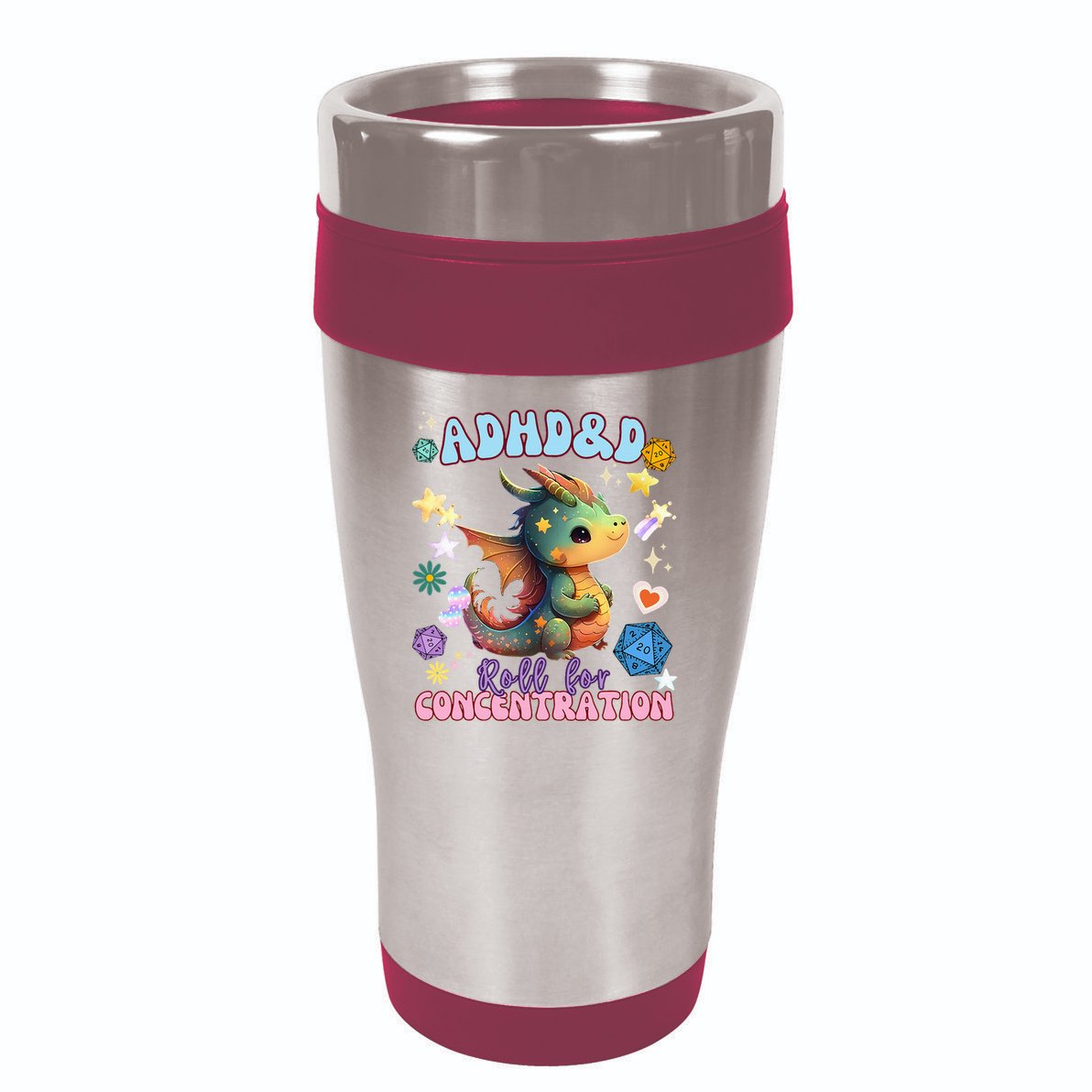 ADHD&D Roll For Concentration Cute Watercolor Dragon 16oz Travel Tumbler