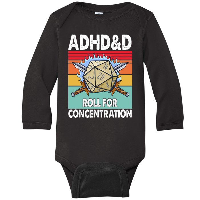 Adhd Roll For Concentration Funny Gamer Baby Long Sleeve Bodysuit