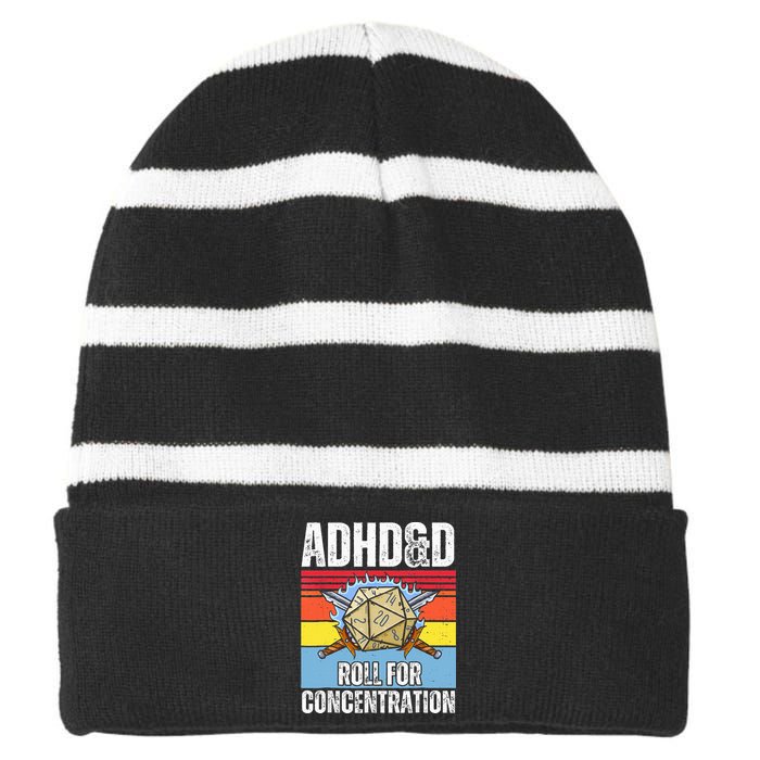 Adhd&D Roll For Concentration Funny Gamer Striped Beanie with Solid Band