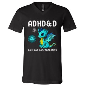 ADHD&D Roll For Concentration Cute Dragon  V-Neck T-Shirt