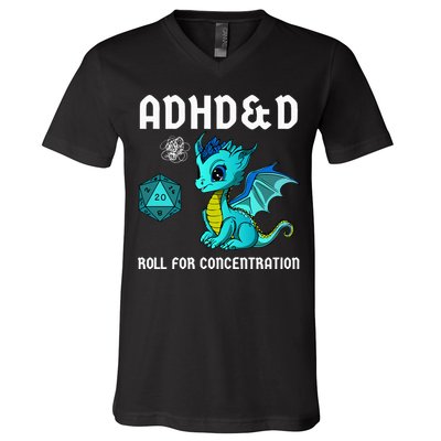ADHD&D Roll For Concentration Cute Dragon  V-Neck T-Shirt
