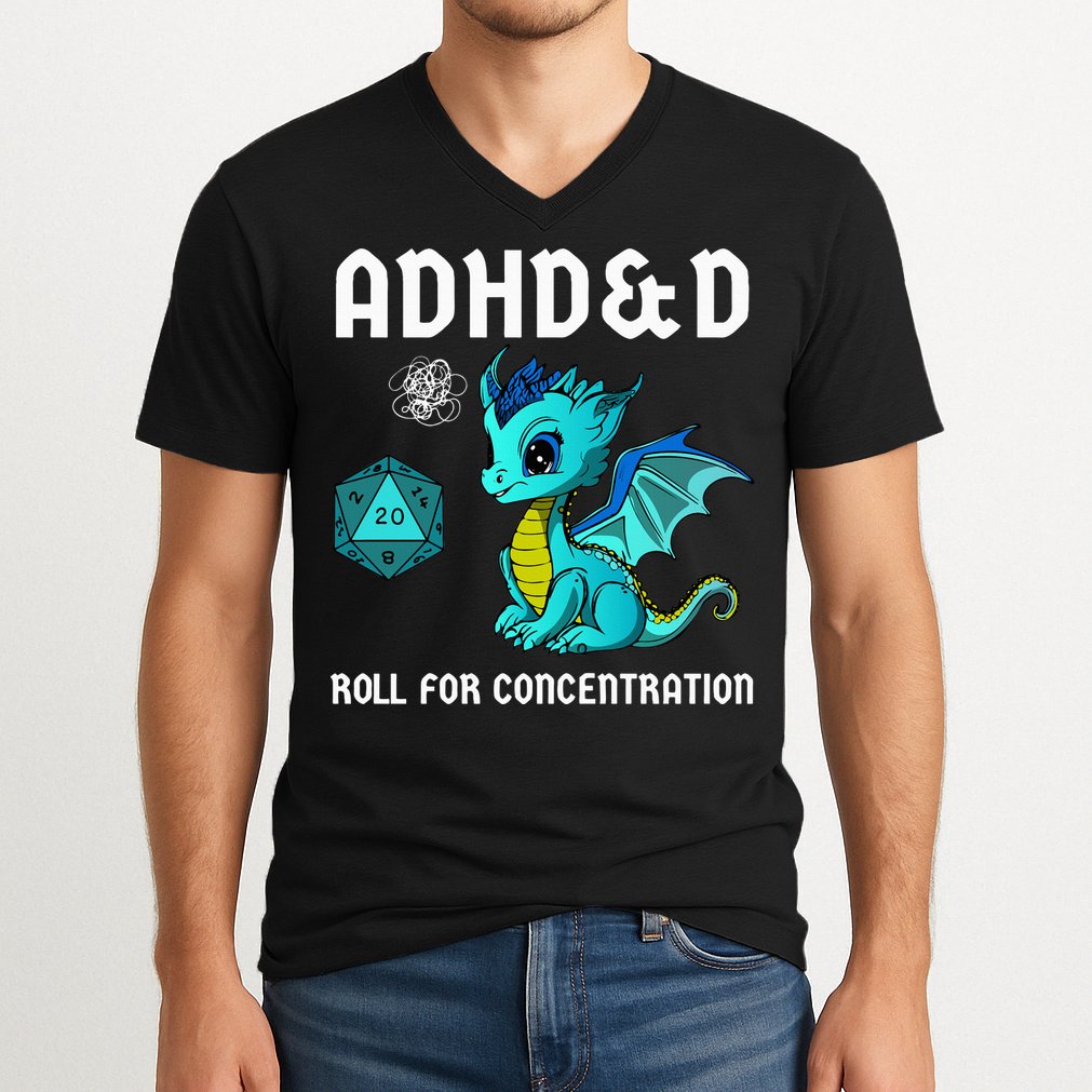 ADHD&D Roll For Concentration Cute Dragon  V-Neck T-Shirt