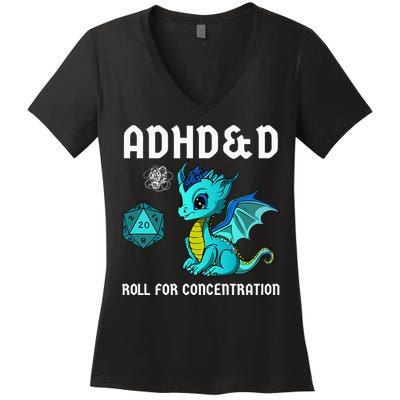 ADHD&D Roll For Concentration Cute Dragon  Women's V-Neck T-Shirt