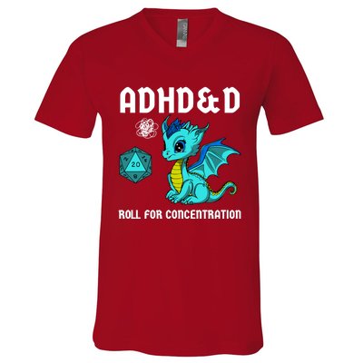 Adhd&D Roll For Concentration Cute Dragon V-Neck T-Shirt