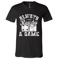 Always Ready For A Game Dominoes Lover Domino Player V-Neck T-Shirt