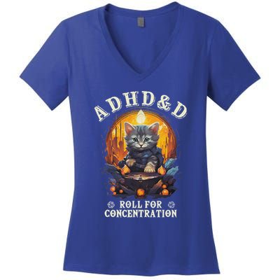 Adhd&D Roll For Concentration Cat Role Playing Game Women's V-Neck T-Shirt