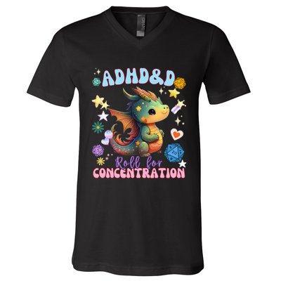 ADHD&D Roll For Concentration Watercolor Dragon V-Neck T-Shirt