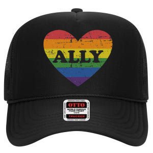 Ally Rainbow Flag Heart For LGBT Gay And Lesbian Support High Crown Mesh Back Trucker Hat