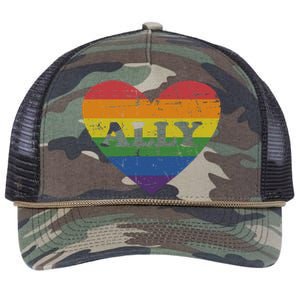 Ally Rainbow Flag Heart For LGBT Gay And Lesbian Support Retro Rope Trucker Hat Cap