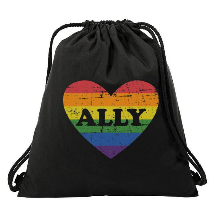 Ally Rainbow Flag Heart For LGBT Gay And Lesbian Support Drawstring Bag