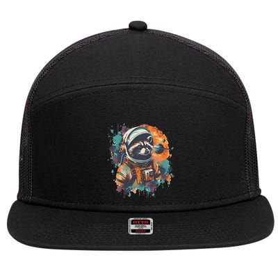 Astronaut Raccoon Graphic Retro Cosmic Racoon In Space 7 Panel Mesh Trucker Snapback Hat