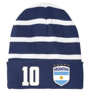 Argentina Flag Shield Logo Soccer World Cup Striped Beanie with Solid Band