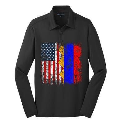 Armenian Roots Half American Flag America Armenia Flags Silk Touch Performance Long Sleeve Polo