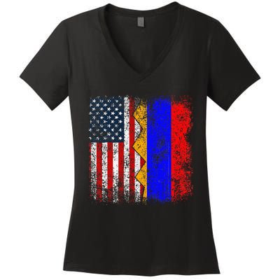 Armenian Roots Half American Flag America Armenia Flags Women's V-Neck T-Shirt