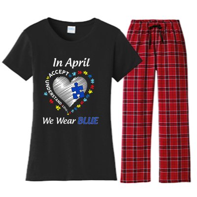 Autism Rainbow In April We Wear Blue Autism Awareness Month Women's Flannel Pajama Set